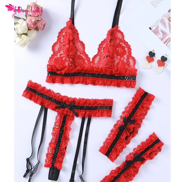 Valentines Sexy Bra And Panties Women Red Sheer Lace Contrast Black Trim Lingerie Set