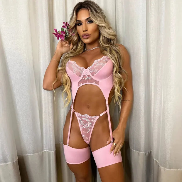 Erotic Lingerie Pink Sheer Lace 3 Pieces - Dorina Fashion